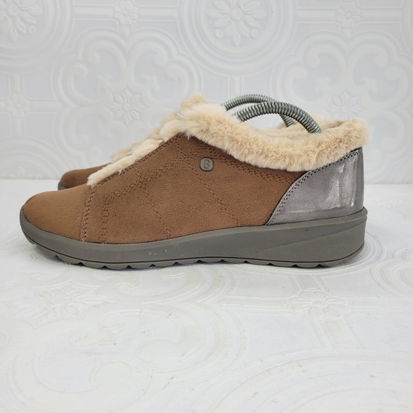 Bzees Shoes - Bzees Golden Womens 10 M Tan Faux Fur Trim Slip On Metallic Heel Comfort Shoes